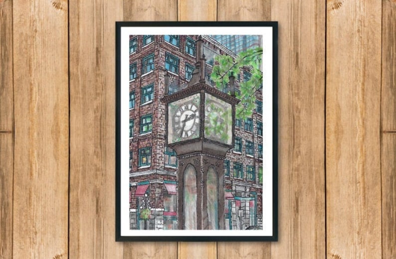 May include: Watercolor painting of a city clock tower with a building in the background. The clock tower is dark brown with a clock face and green foliage. The building is brick with green window frames. The artwork is framed in a black frame.