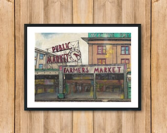 Pike Place Public Market Seattle | Pen and Colored Pencil Wall Art | Building Downloadable Print |