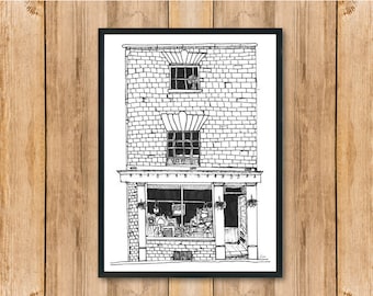Black Brick Pen Building Downloadable Print | Simple Black and White Building Art | Shop Drawing |