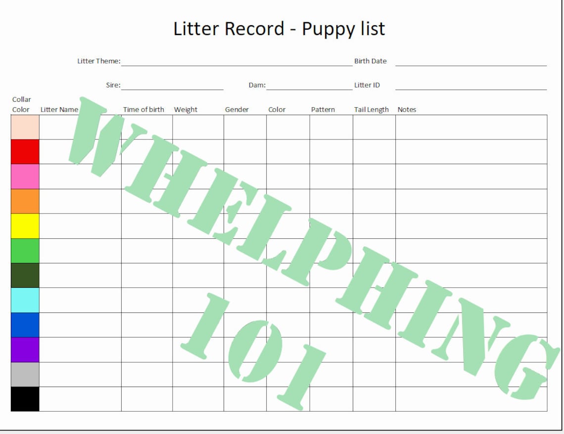 Whelping Litter Tracking Charts Only Etsy