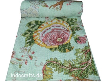 Handmade Indian Patchwork Kantha Quilt, Kantha Blanket, Throw, Kantha, Hand Sewn Bedspread Bedding, Throw Flower Print Single/Double Size