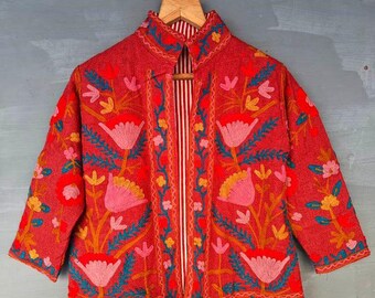 Cotton Suzani Hand Embroidery Jacket Coat,Women Wear Winter Jackets, Bridesmaid Gift, Winter Jacket, Kimono Robe, Bridesmaid Jackets Floral