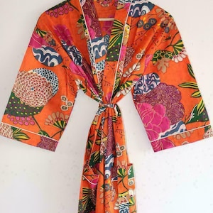 Indian Large Orange Floral Print Bathrobe Cotton Robe, Kimono Dressing Gown Bath Robe Women Nightwear Suit Long Kimono