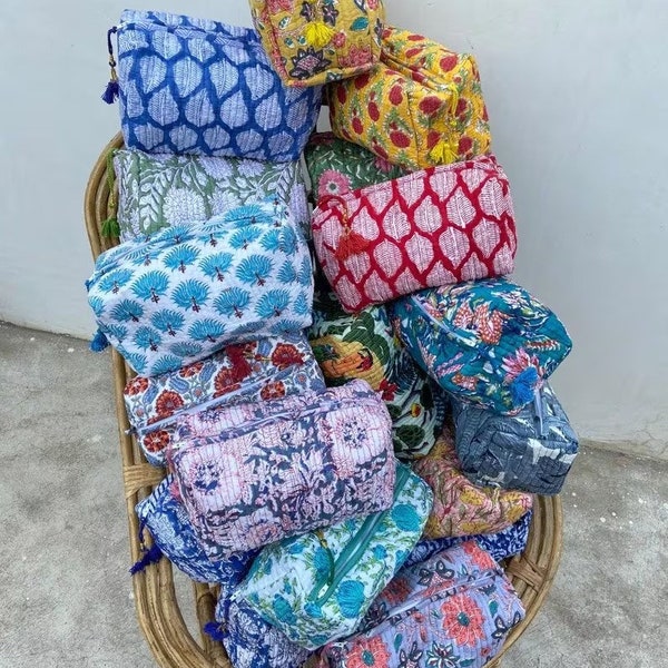 Wholesale lot, Indian Cotton Floral Hand Block Print Toiletry Bag,Travel bag,Make up Pouch,Quilted Wash Bag,Shaving Kit, Vanity Case