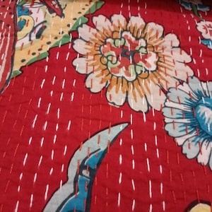Indian Cotton Red Bird Print Kantha Quilt Bedding Throw Sofa Coverlet Bedspread Queen Size Handmade Vintage Blanket