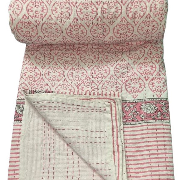 Indian Kantha Quilt Hand Block Printed Kantha Blanket Cotton Kantha Bedspread Handmade Kantha Coverlet Throw Twin And Queen And King Size