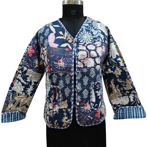 Cotton Handmade Kantha Jacket Women's Clothing Quilted Reversible Blue Patchwork Print Coat Kimono Indian Block-Print Vintage Boho Vest