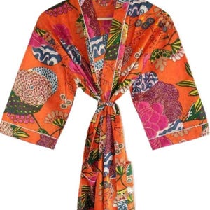 Indyjski duży pomarańczowy kwiatowy szlafrok z nadrukiem szlafrok bawełniany, szlafrok kimono szlafrok damski bielizna nocna garnitur długie Kimono