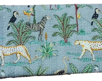 Indian cotton kantha quilt bedding throw sofa cover bedspread queen size hand block print vintage gray color