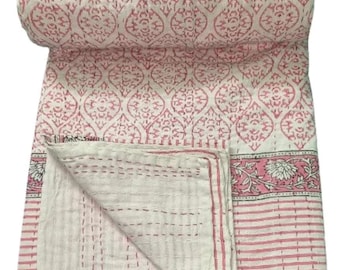 Indian Kantha Quilt Hand Block Printed Kantha Blanket Cotton Kantha Bedspread Handmade Kantha Coverlet Throw Twin And Queen And King Size