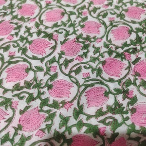 Indian Hand Block Flower Fabric, Voile Cotton Fabric, Floral Lightweight Soft Jaipuri Fabric By The Yard
