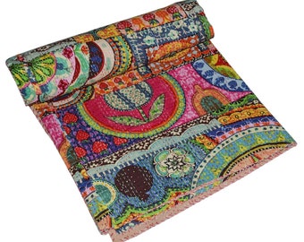 Handmade Indian Multi Patchwork Print Kantha Quilt, Kantha Blanket, Throw, Kantha, Hand Sewn Bedspread Bedding, Throw Single/Double Size