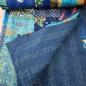 Indian Silk Patola Patchwork Handmade Kantha Quilt Hand Block Bedding Bedspread Queen / Double Size Vintage Bed Cover Blanket Throw