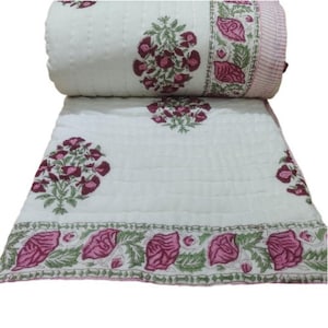 Kantha Quilt Razai Throw Reversible Blanket Sofa Cover Bed Spread Bedding Bohemian Cotton Filling Queen Hand Block Print Vintage
