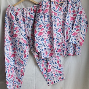 Indian PJ Set, 100% Cotton Hand Block Print Pajama Set, Night Wear, Bridesmaid Pajama Set, Women&#39;s Pajamas Set, Cotton Pants And Shirt