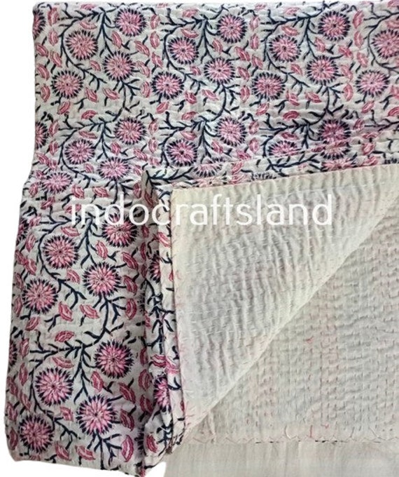 Indian Handmade Floral Print Blanket Quilt Bedspread Throw Cotton Kantha Hand Block store Print Printed Indian Bedspread ThrowBlock Printed Kantha