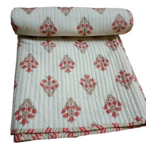Reversible Floral Print Kantha Quilt Razai Throw Blanket Sofa Cover Bed Spread Bedding Bohemian Cotton Filling Queen Hand Block Print