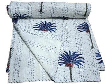 Vintage Blue Palm Tree Kantha Quilt Indian Quilt Block Print Quilt Bedspread Bohemian Boho Cotton Blanket Throw Quilt Handmade