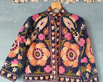 Indian Hand Embroidery Jacket Coat Women Wear Winter Jackets Bridesmaid Gift Winter Jacket Kimono Robe Bridesmaid Jackets Velvet Suzani Blue