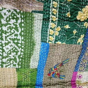 Indian Silk Patola Patchwork Handmade Kantha Quilt Hand Block Bedding Bedspread double Size Vintage Bed Cover Blanket Throw