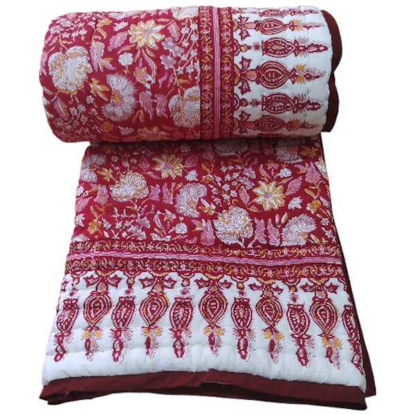 Indian Jaipuri Red Print Quilt, Floral Razai Cotton Handmade Quilt, Bedspread Comforter Anokhi Boho Bohemian, Cotton Filling