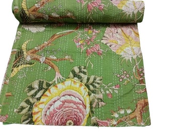 Indian Cotton Big Floral Print Kantha Quilt Bedding Throw Sofa Coverlet Bedspread Queen Size Handmade Vintage Blanket Green Color