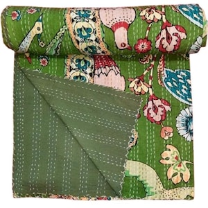 Indiase katoenen kantha quilt beddengoed gooien bankhoes sprei queen size handblok print vintage groene kleur