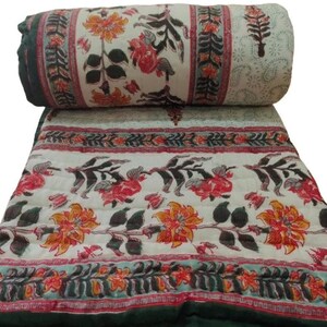 Floral Print Kantha Quilt Razai Throw Reversible Blanket Sofa Cover Bed Spread Bedding Bohemian Cotton Filling Queen Hand Block Print