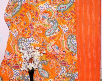 Couvre-lit indien Kantha fait à la main, couvre-lit réversible, taille simple/double, imprimé cachemire, couleur orange