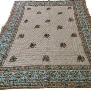 Indian Jaipuri Block Print Quilt, Floral Razai Cotton Handmade Quilt, Bedspread Comforter Anokhi bed room, Boho Bohemian, Cotton Filling