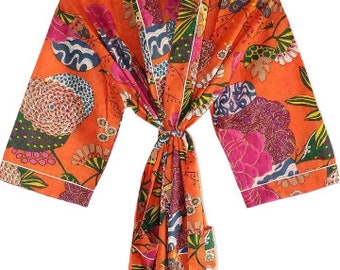 Indian Large Orange Floral Print Bathrobe Cotton Robe, Kimono Dressing Gown Bath Robe Women Nightwear Suit Long Kimono
