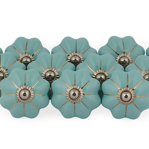 Turquoise Floral Design Boho Hippie Painted Ceramic Knobs Drawer Pull handle Kitchen Set Polished Drawer Cabinet Knob Pull