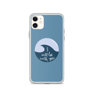 May include: A clear phone case with a blue background and a white circle with a blue wave and the text "Isaiah 41:10 I will be with you".