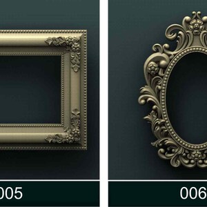 May include: Two ornate picture frames, one rectangular and one oval, both with intricate carvings and a gold finish. The frames are set against a dark green background.
