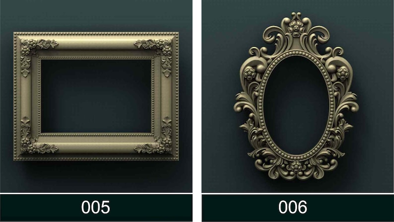 May include: Two ornate picture frames, one rectangular and one oval, both with intricate carvings and a gold finish. The frames are set against a dark green background.