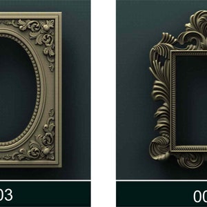 May include: Two ornate picture frames, one oval and one rectangular, with intricate carvings and a gold finish. The frames are set against a dark blue background.