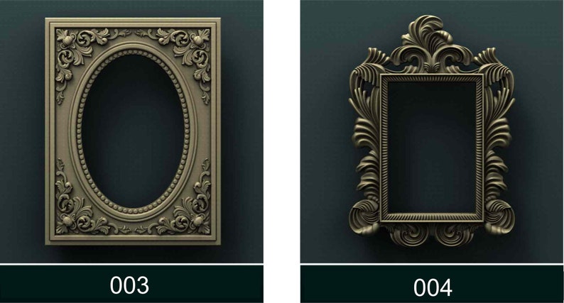 May include: Two ornate picture frames, one oval and one rectangular, with intricate carvings and a gold finish. The frames are set against a dark blue background.