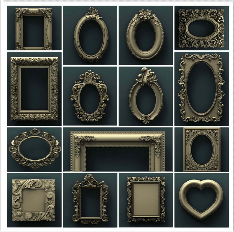 May include: A collage of 12 ornate gold picture frames with various shapes and sizes, including square, rectangle, oval, and heart. The frames are all intricately carved with floral and scrollwork designs.