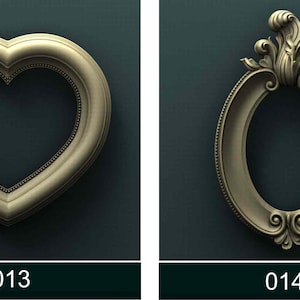 May include: Two ornate picture frames, one heart-shaped and one oval. The heart-shaped frame has a beaded edge. The oval frame has a decorative floral design at the top.