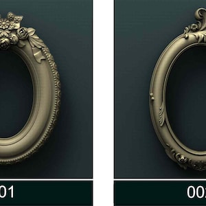May include: Two ornate oval picture frames with intricate carvings and floral details. The frames are gold in color and have a vintage aesthetic.
