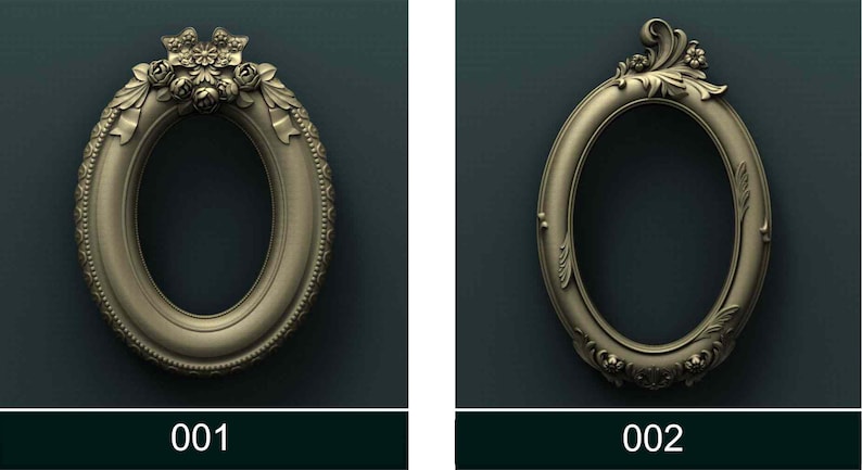 May include: Two ornate oval picture frames with intricate carvings and floral details. The frames are gold in color and have a vintage aesthetic.