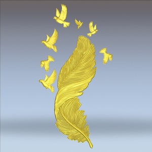 3D Feather Design with Birds STL file for CNC Carving and 3D printing | Artcam Decoration STL Rlf