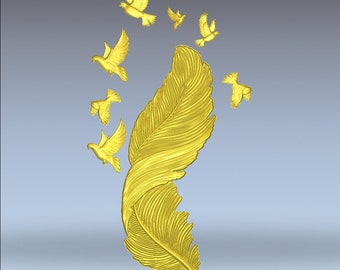 3D Feather Design with Birds STL file for CNC Carving and 3D printing | Artcam Decoration STL Rlf