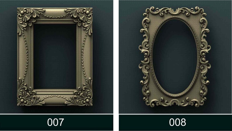 May include: Two ornate picture frames, one with a rectangular opening and the other with an oval opening. Both frames are made of a light brown wood with intricate carvings and details.
