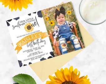 Sunflower and Cow Print 1st Birthday Instant Editable Personalized Digital First Birthday Party Invitation with Picture Photo