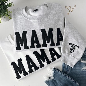 Sudadera con capucha MAMA personalizada con el nombre del niño en la manga, regalo para mamá, regalo para el día de la madre, letras en relieve, regalo para mamá primeriza, suéter para mamá