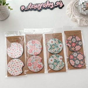 Floral Car Coasters set of 2 Neutral Print boho Checkered Cup Holder Coasters Bohemian car accessories Car Decor Gift for Car Lovers