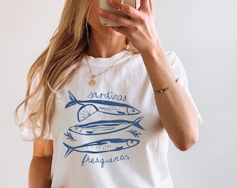 Sardines blikje vis tshirt centrum meisje oude esthetische oceaan geïnspireerde stijl sardine tee oversized trendy grafische tshirt zomer comfort kleuren