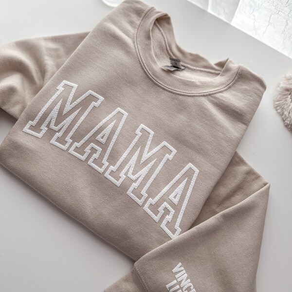 Custom Mama Sweatshirt with Kids name on Sleeves Birthday Gift for mom New Mom gift with Kid name Mother's Day Gift Cool Mom puff Sweatshirt