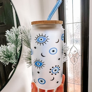 Evil eye Glass cup 16oz Tumbler Protect your energy Hasma gift for her best friend tumbler Birthday gift for best Friend turkish evil eye